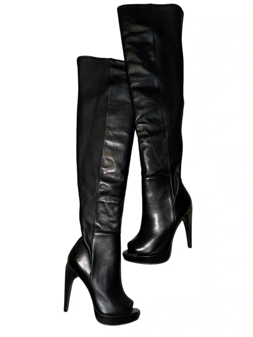 Herve Leger Nora metallic-studded heel Black Leather Over-the-Knee PeepToe Boots